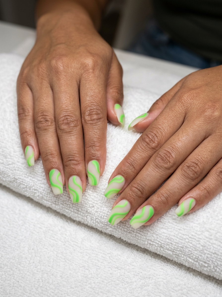 Matte lime green abstract swirls on milky off-white nails for summer vibes nails 2026. Edgy casual weekend style.