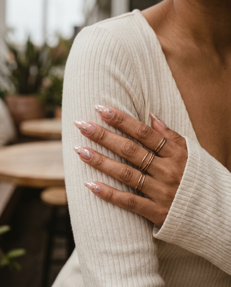 Metallic silver foil flake accents on nude nails for summer vibes nails 2026. Glamorous for parties.