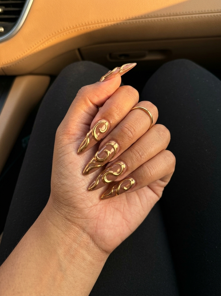 Molten gold 3D swirls nails for summer vibes nails 2026, glamorous for parties.