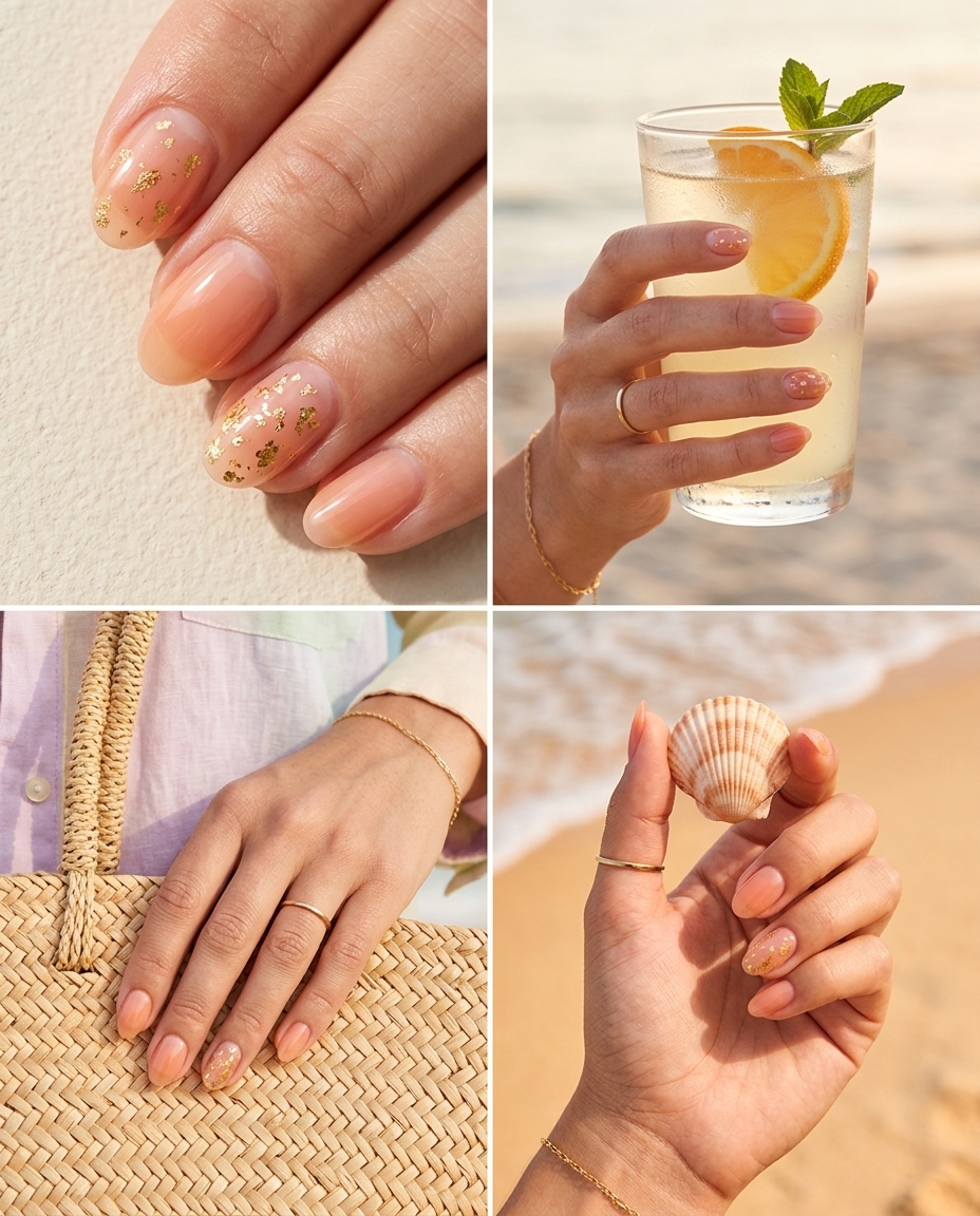 Sheer peach jelly nails with gold foil accents for summer vibes nails 2026. Romantic date night style.