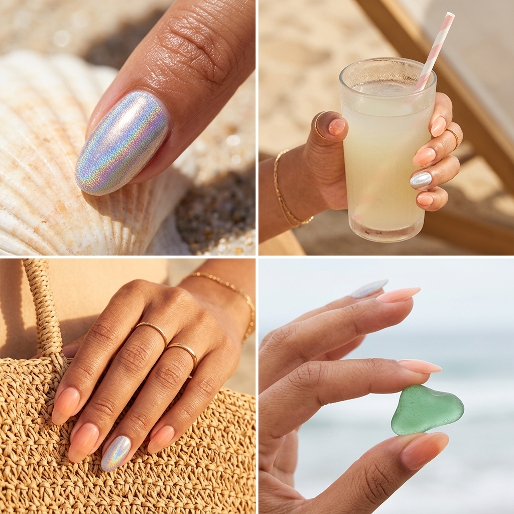 Sheer peach jelly nails with shimmering holographic accent for summer vibes nails 2026. Relaxed vacation style.