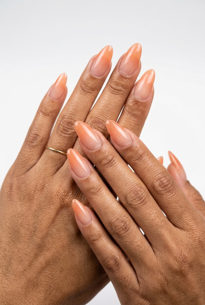 Sheer peach ombre almond nails for summer vibes nails 2026. Romantic beach day chic.