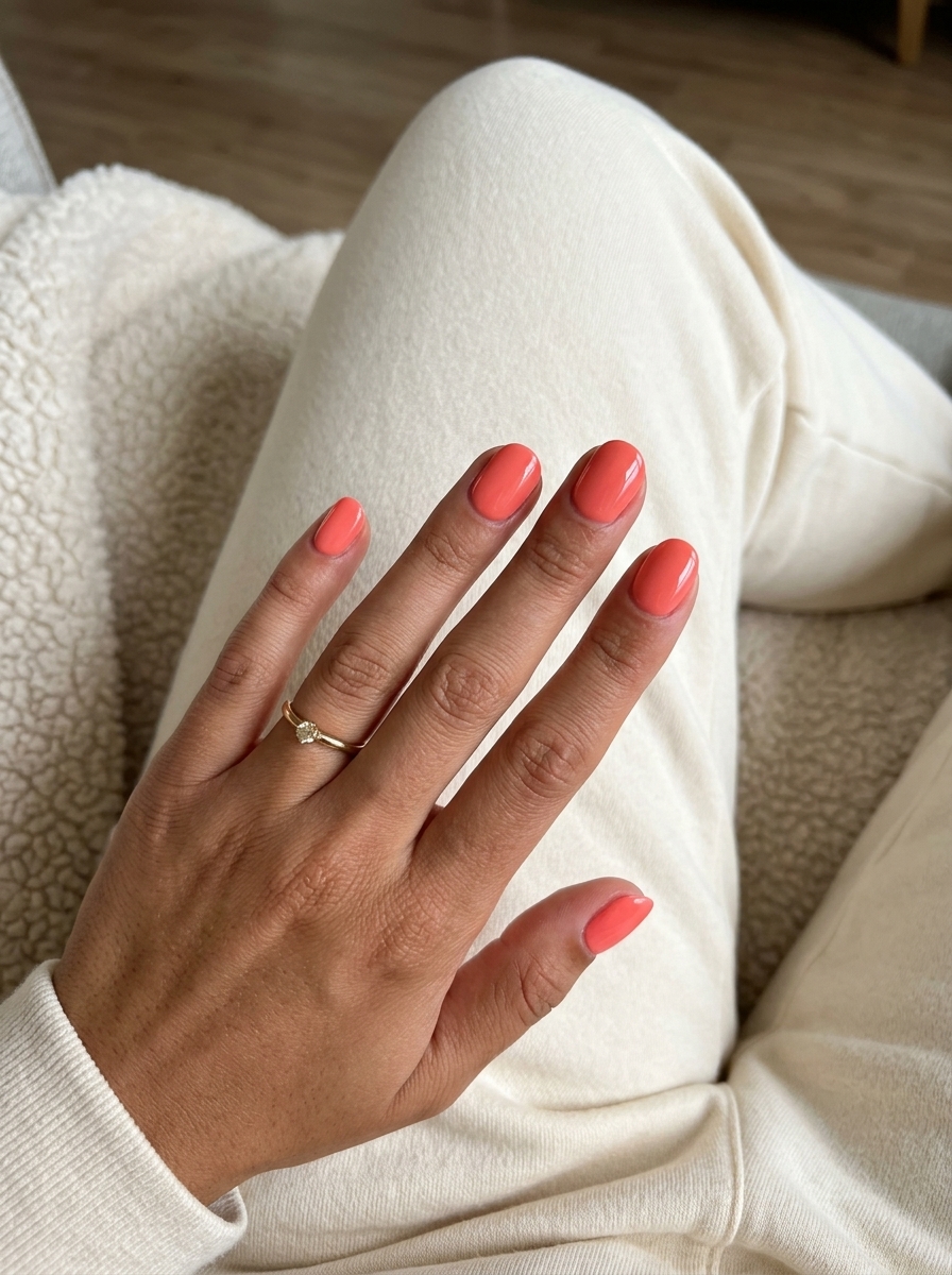 Vivid coral glossy short rounded nails for summer vibes nails 2026. Perfect for vacation and casual wear.
