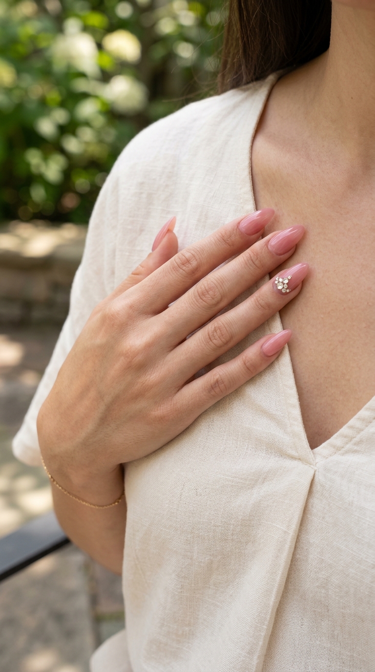 Dazzling Bridal Sparkle nails for summer wedding nails 2026. Glamorous rosy pink with rhinestones.