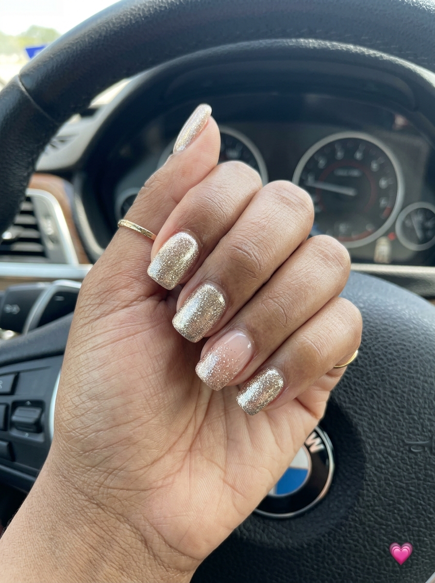 Champagne glitter ombre stiletto nails for summer wedding nails 2026. Glamorous celebratory look.