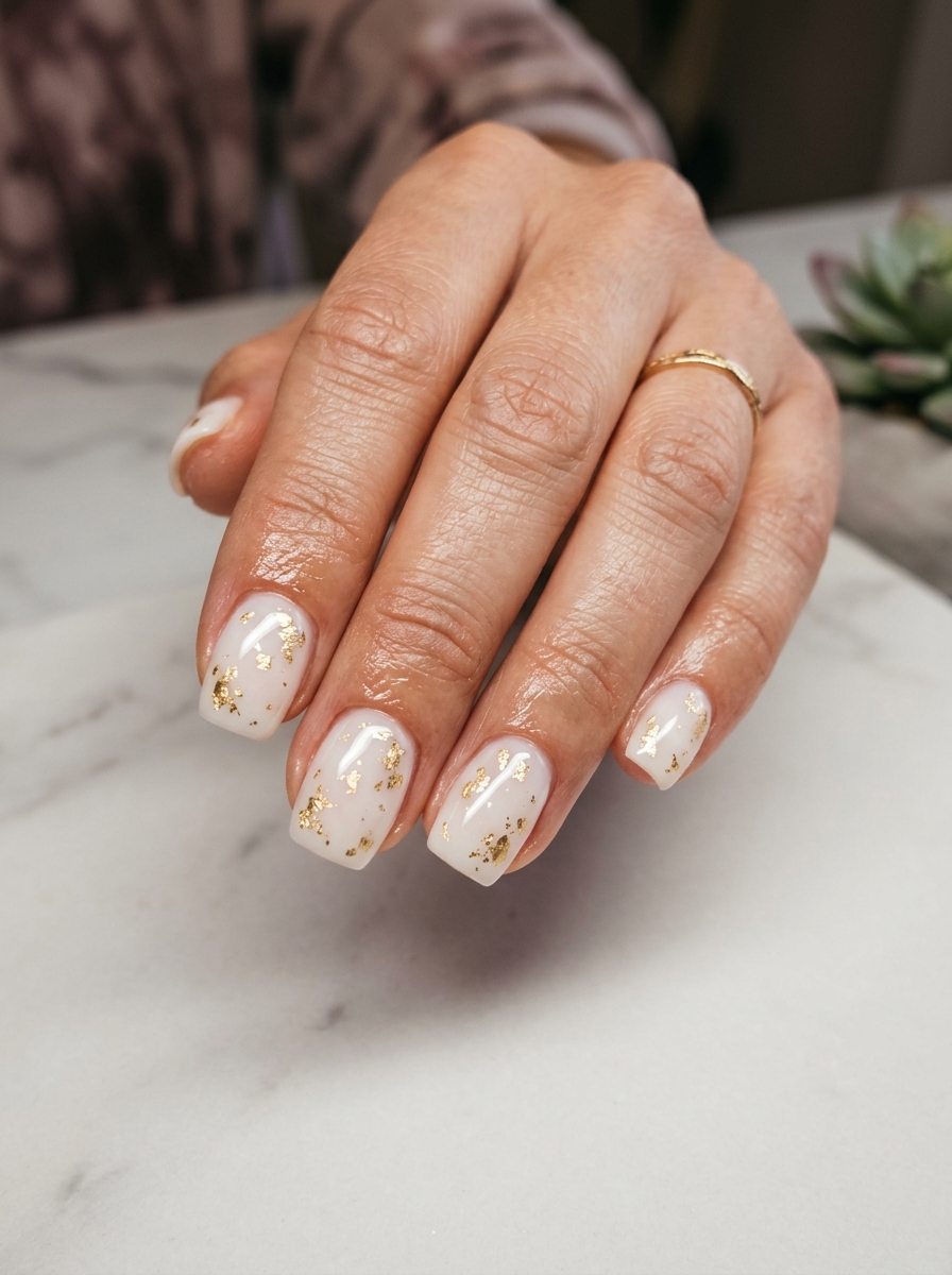 Gilded Summer Shimmer nails for summer wedding nails 2026. Chic understated glamour.