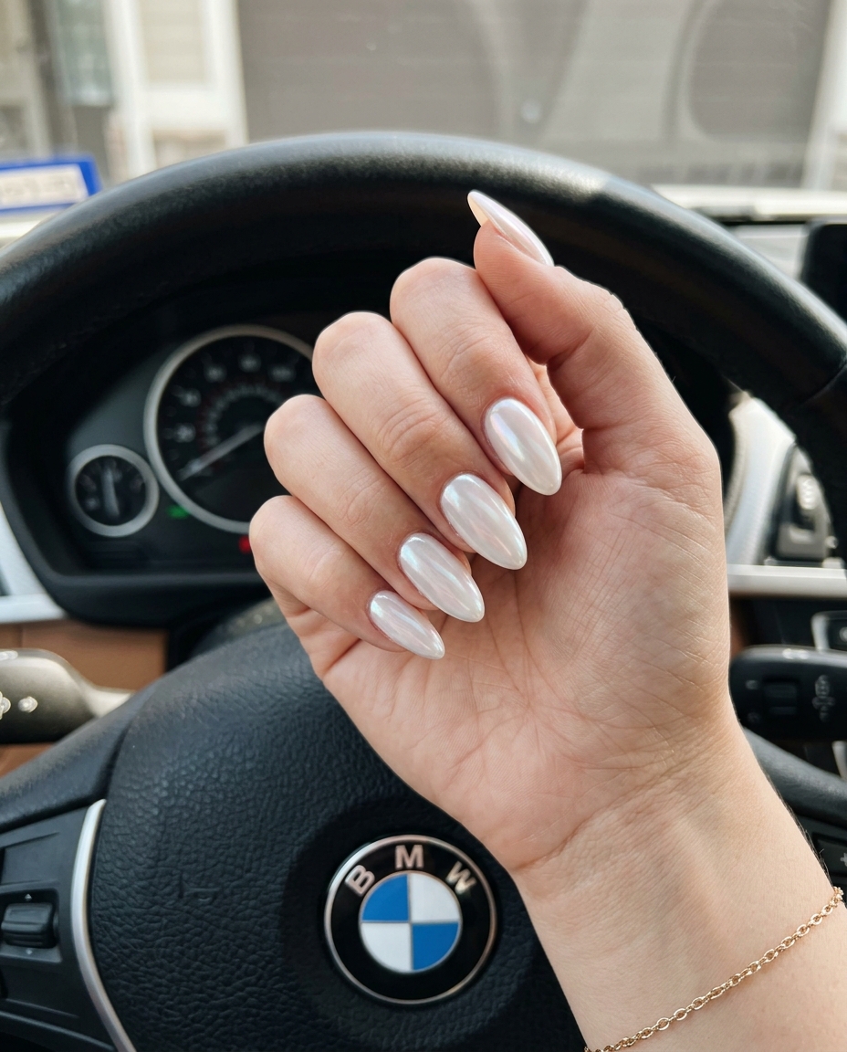 Sheer white glazed donut almond nails for summer wedding nails 2026. Minimalist, elegant bridal look.