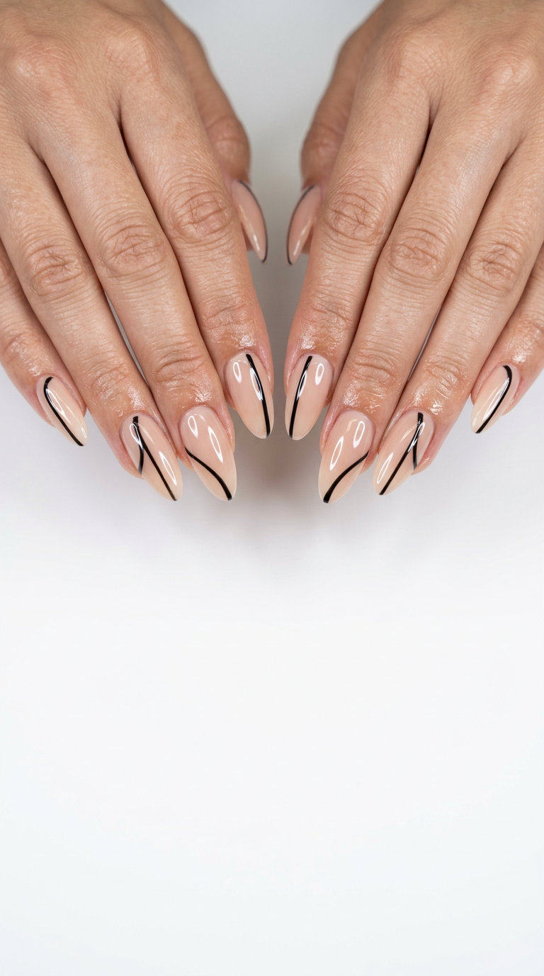 Chic line art nude almond nails for summer wedding nails 2026. Modern artistic bridal style.