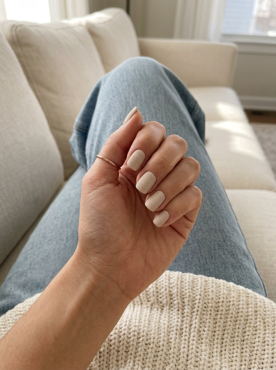 Textured Linen Chic nails for summer wedding nails 2026. Minimalist beige matte gel polish.
