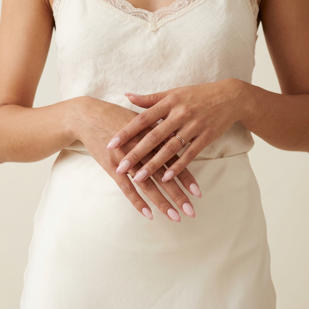 Milky Rose Quartz Almond French nails for summer wedding nails 2026. Romantic sheer pink French tips.