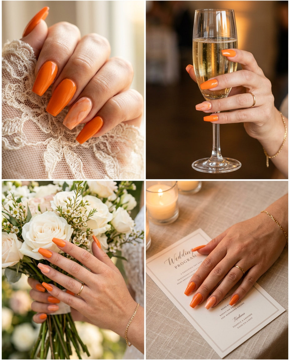 Artisanal Peach Marble Accent nails for summer wedding nails 2026. Sophisticated nude & peach marble gel polish.