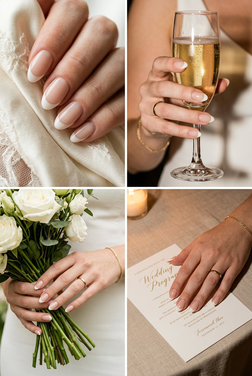 Ethereal reverse French nails for summer wedding nails 2026. Clean-girl bridal elegance.