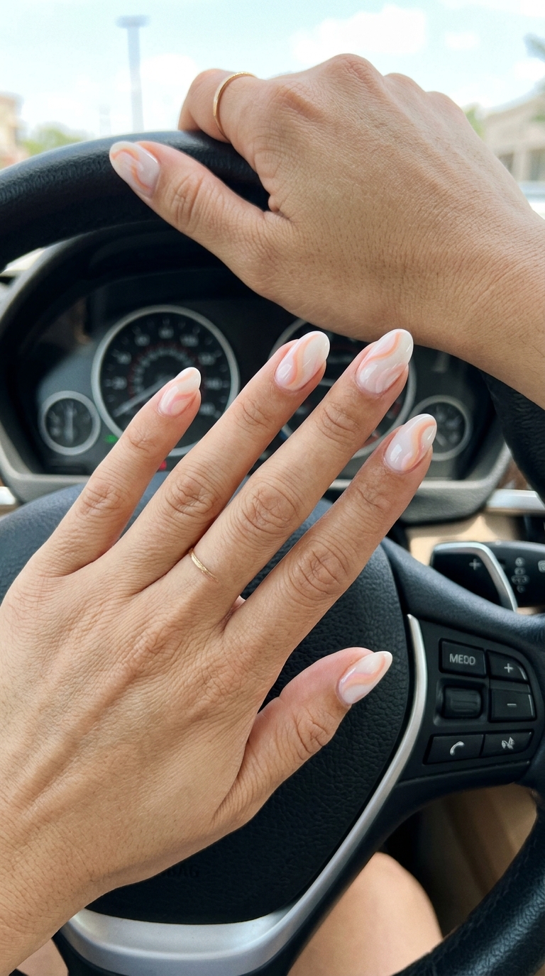Soft Peach Swirls Milky Finish nails for summer wedding nails 2026. Artistic bohemian style.