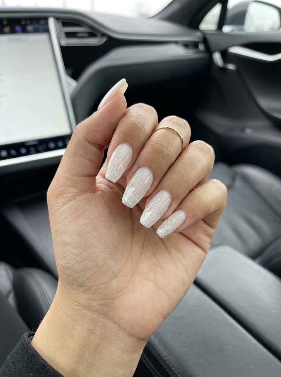 Sparkling Snow Gradient Coffin nails for summer wedding nails 2026. Glamorous winter event style.