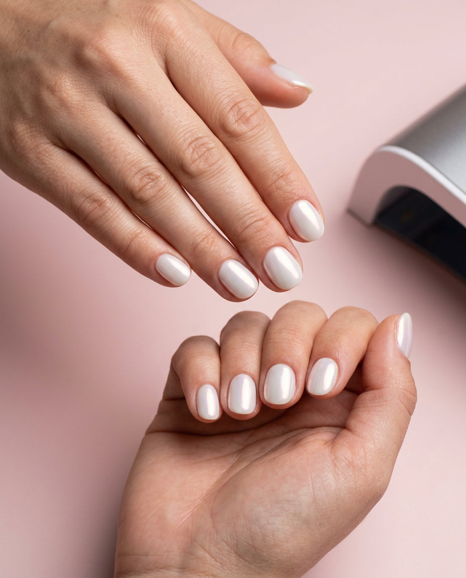 Subtle Chrome Aura Milky White nails for summer wedding nails 2026. Sophisticated modern look.