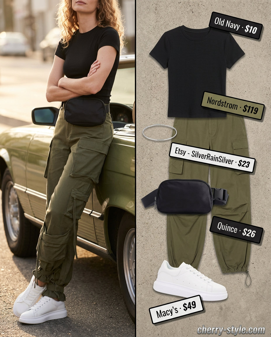Summer Work From Home Outfits for Women 2026: Olive cargo pants, black tee, platform sneakers, belt bag.
