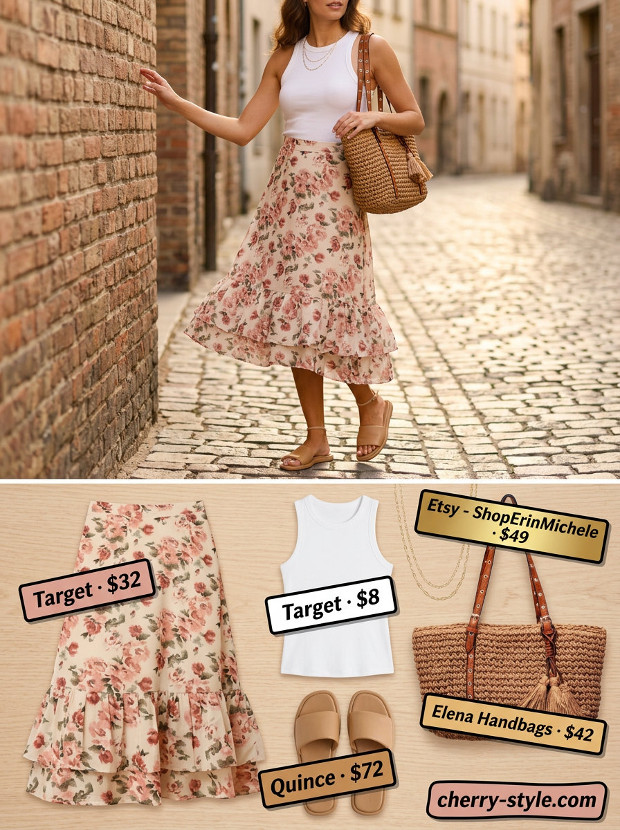 Summer Work From Home Outfits for Women 2026: Floral midi skirt, white tank, straw tote, leather slides.