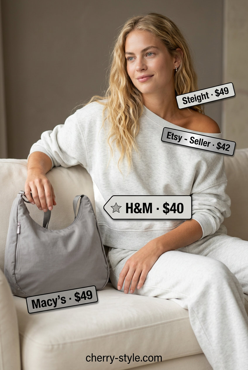 Summer Work From Home Outfits for Women 2026: Grey loungewear set, leather slides, crossbody bag.