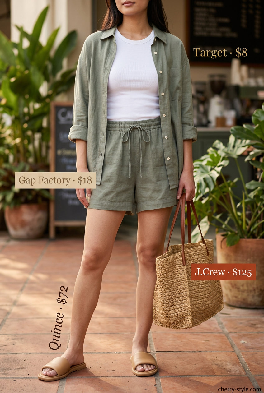 Summer Work From Home Outfits for Women 2026: Sage green linen shorts, white tank, linen shirt, slides.