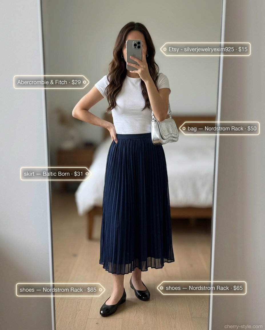 Summer Work From Home Outfits for Women 2026: Navy midi skirt, white tee, ballet flats, silver crossbody.