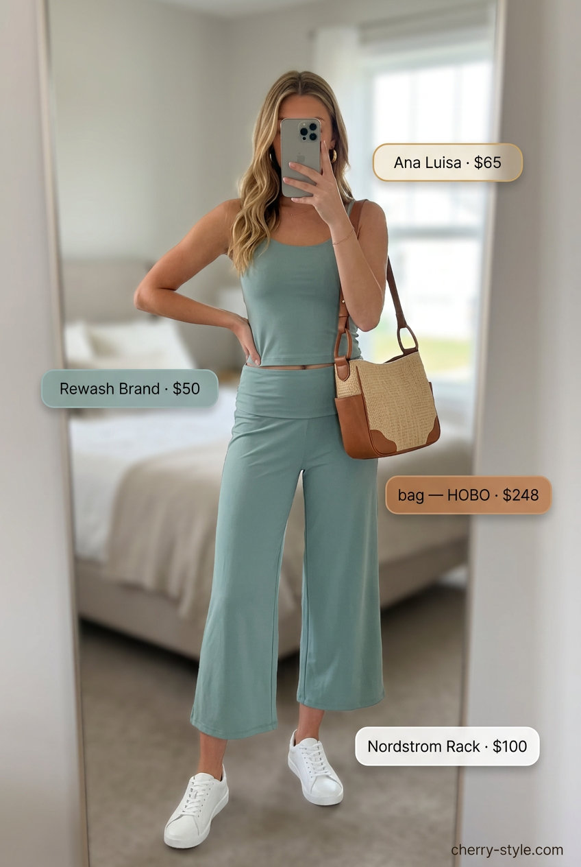 Summer Work From Home Outfits for Women 2026: Olive green set, white sneakers, straw crossbody bag.