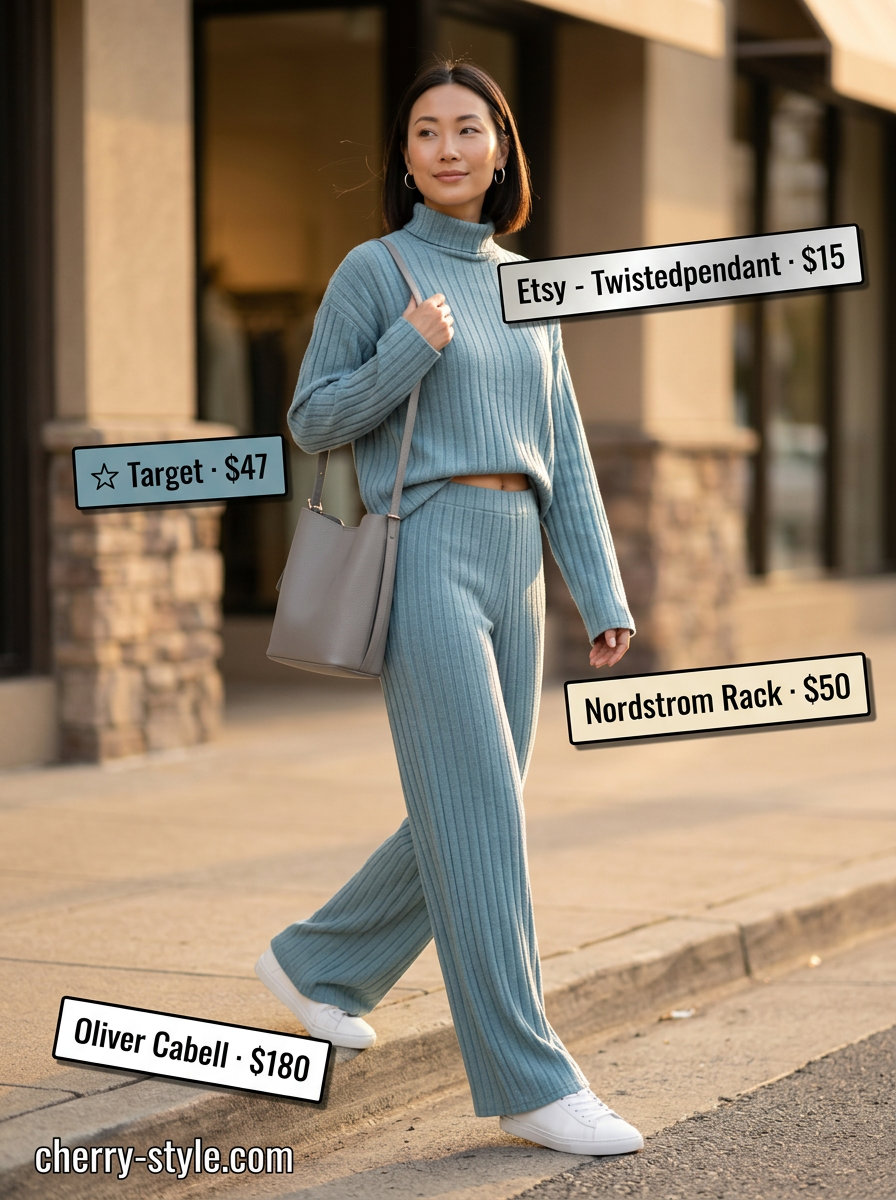 Summer Work From Home Outfits for Women 2026: Blue knit set, white sneakers, and crossbody bag for chic comfort.