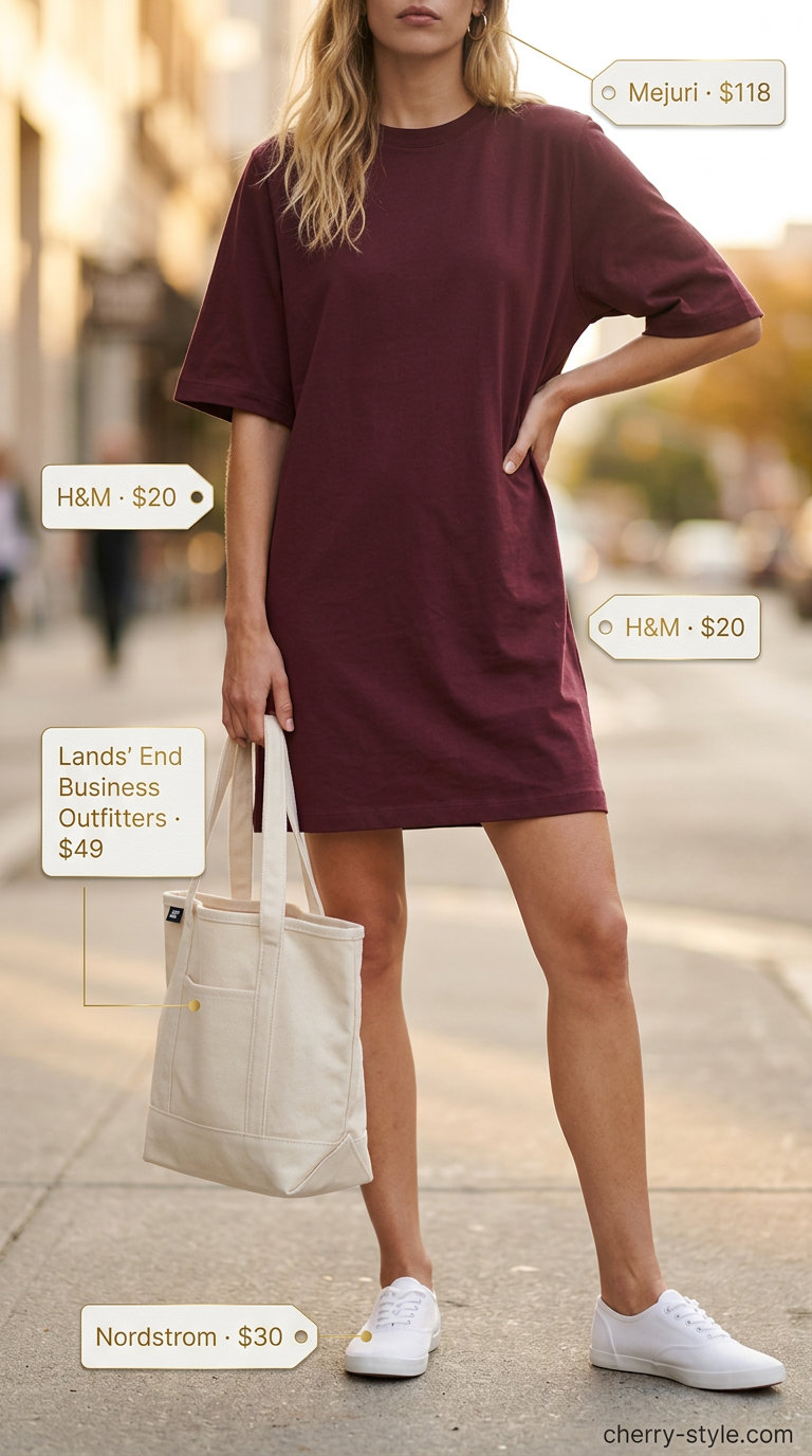 Burgundy t-shirt dress for Summer Work From Home Outfits for Women 2026. Casual and comfortable with sneakers.