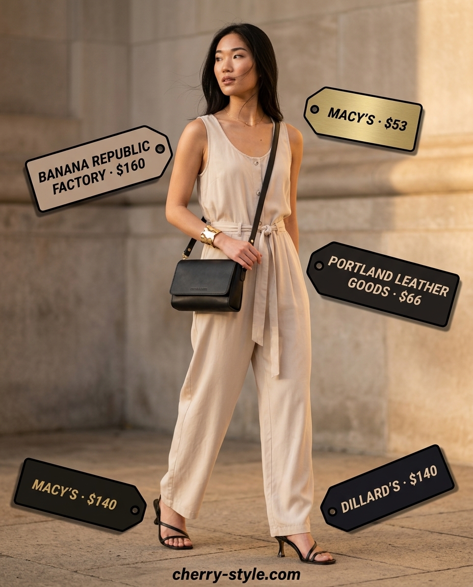Wide-leg jumpsuit for Summer Work From Home Outfits for Women 2026. Camel jumpsuit, black sandals, gold jewelry.