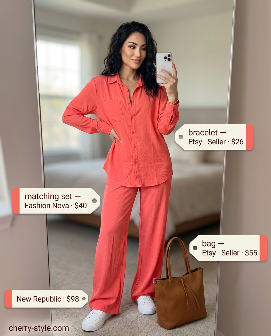 Summer Work From Home Outfits for Women 2026: Coral matching set, white sneakers, and structured bag for relaxed meetings.