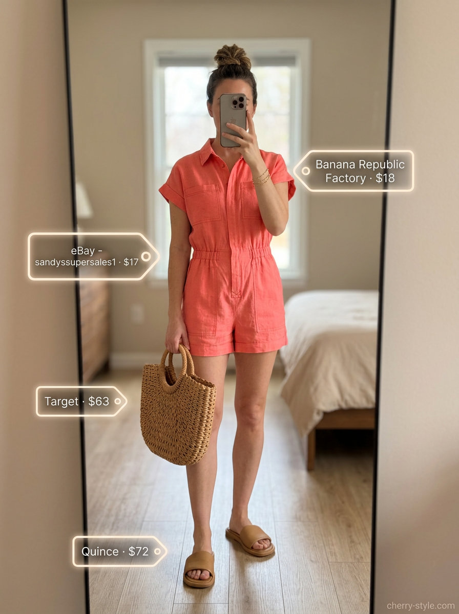 Summer Work From Home Outfits for Women 2026: Coral linen romper, straw tote, and leather slides for creative sessions.