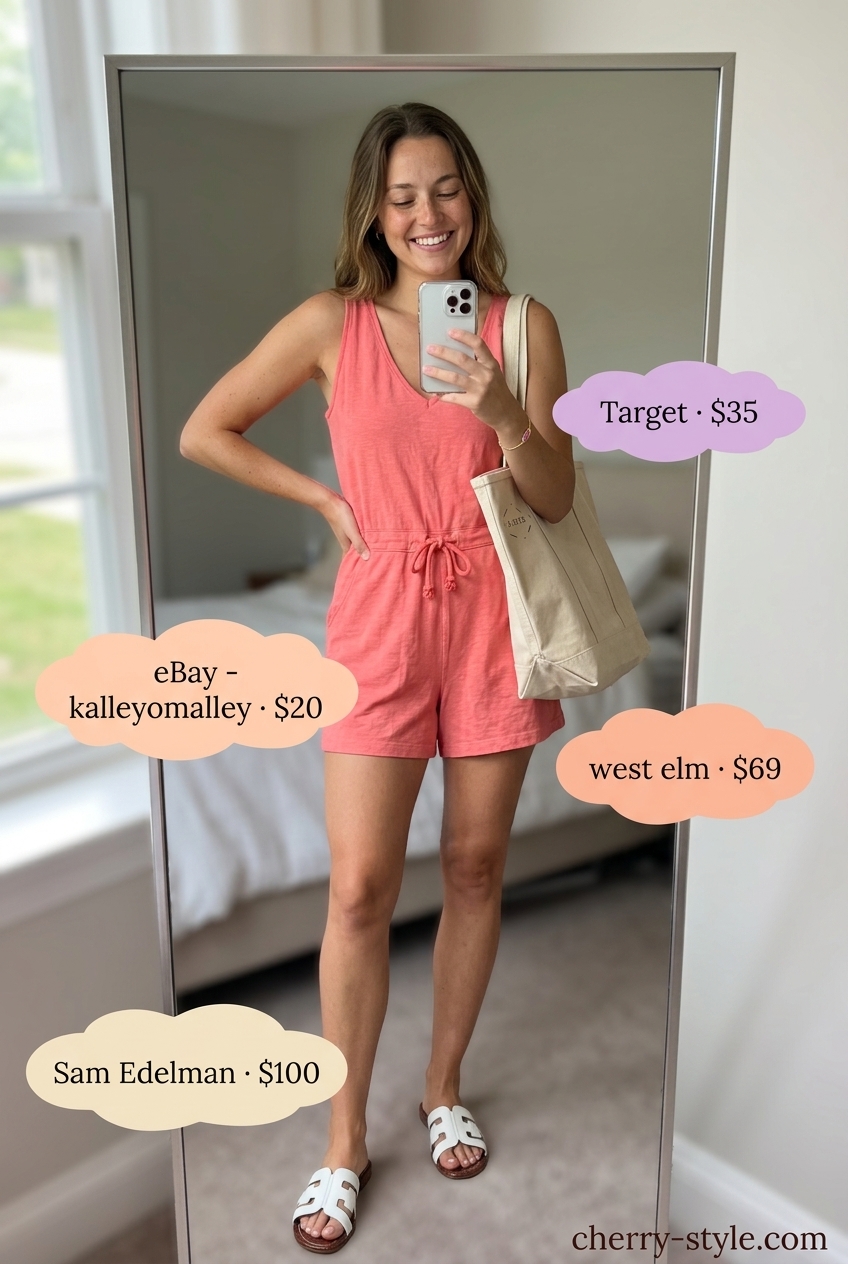 Coral knit romper for Summer Work From Home Outfits for Women 2026. Playful and comfortable for errands or WFH.