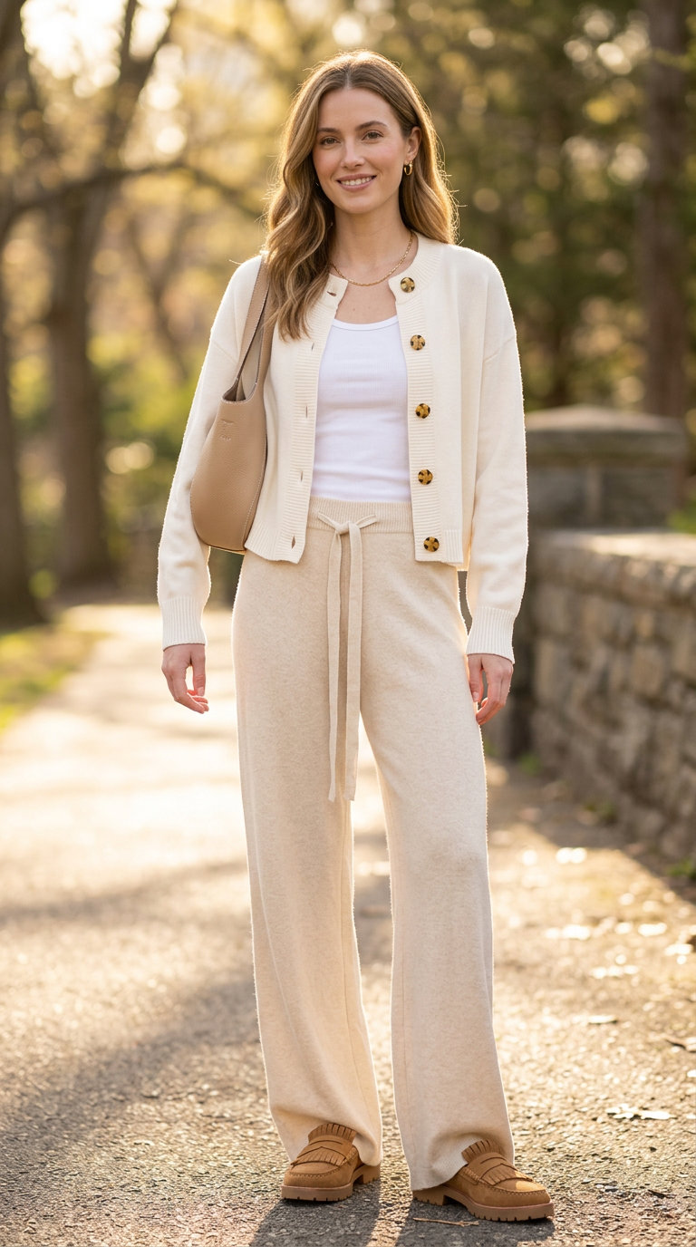 Summer Work From Home Outfits for Women 2026: Cream knit pants, grey tank, beige cardigan, and loafers for cozy mornings.