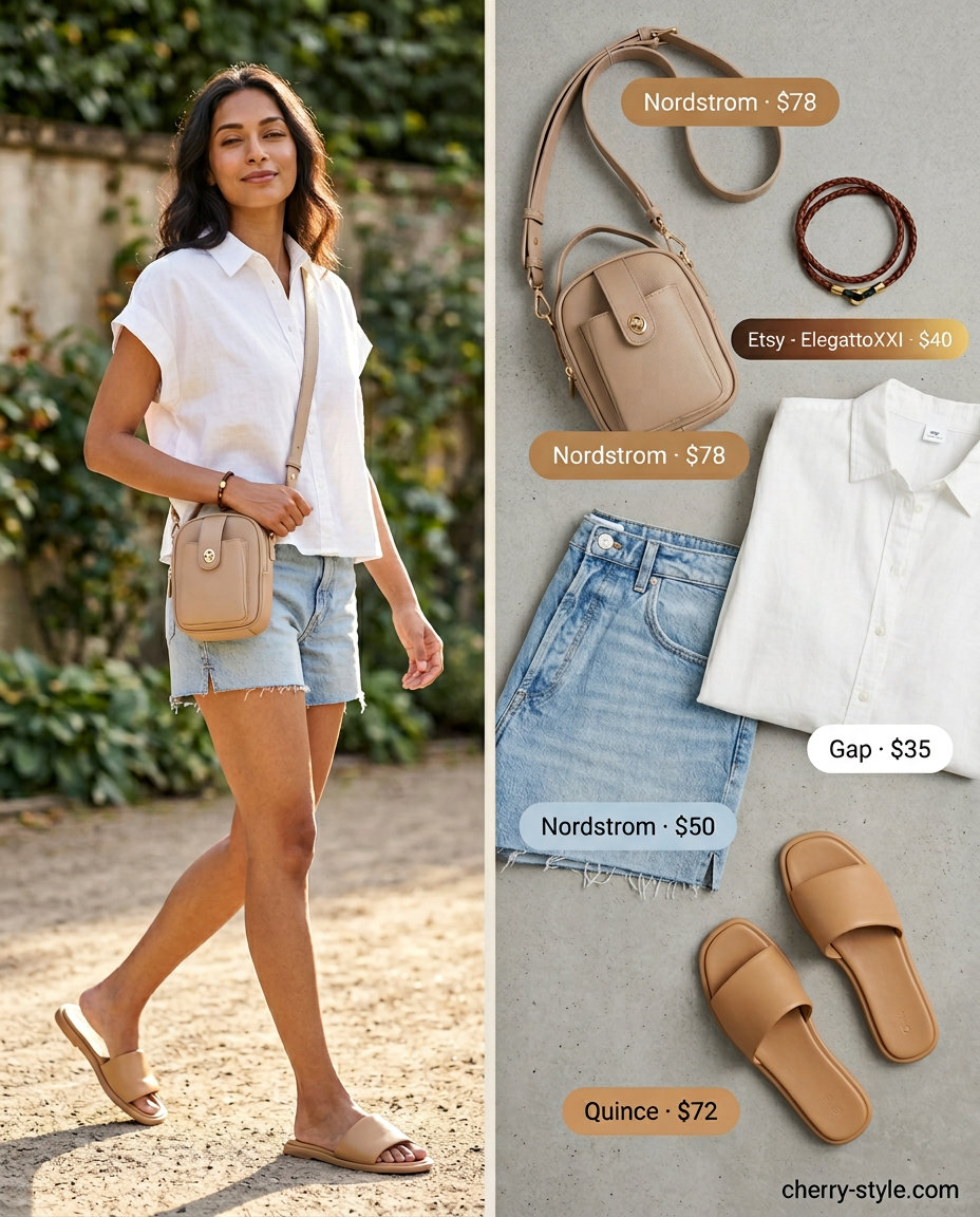 Denim shorts outfit for Summer Work From Home Outfits for Women 2026. Relaxed shorts, oversized shirt, leather sandals.