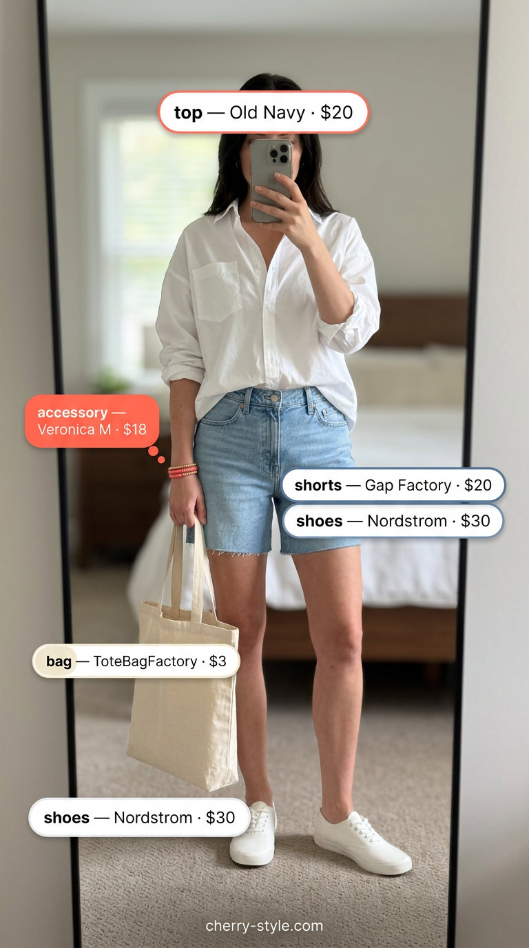 Summer Work From Home Outfits for Women 2026: Denim shorts, oversized white shirt, coral beads, and sneakers for a creative day.