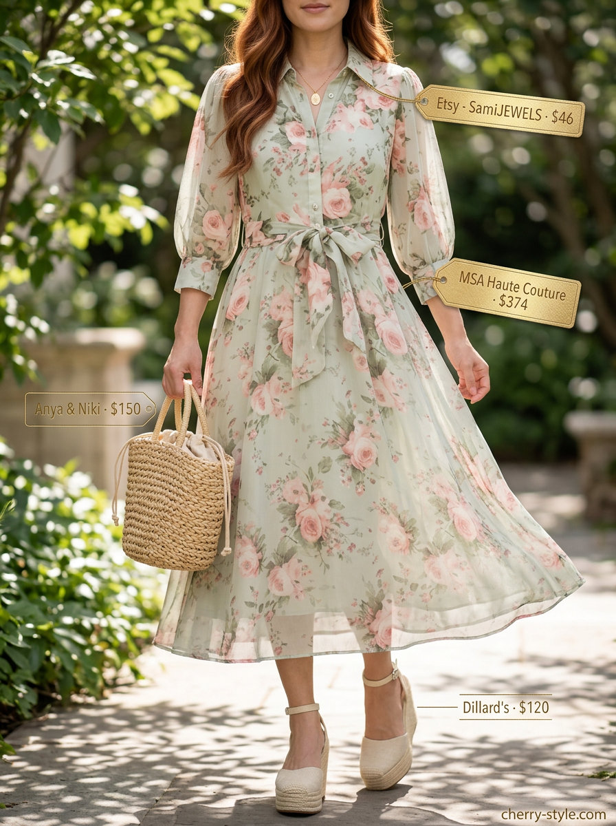 Summer Work From Home Outfits for Women 2026: Blush pink floral midi dress, espadrilles, and straw tote for video calls.
