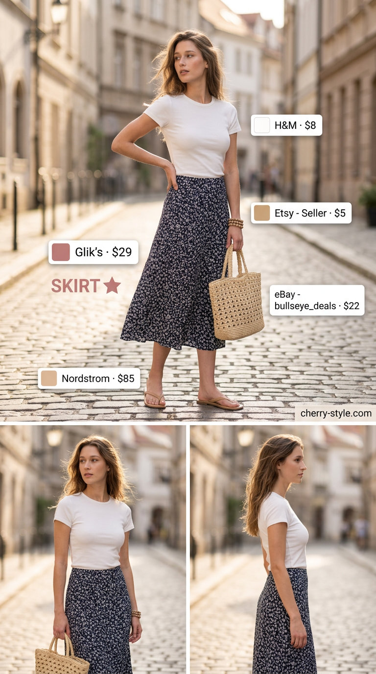 Floral midi skirt outfit for Summer Work From Home Outfits for Women 2026. Navy floral skirt, white tee, straw tote.