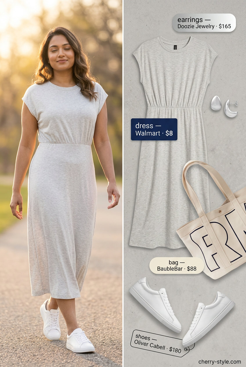 Cozy knit midi dress for Summer Work From Home Outfits for Women 2026. Light grey dress, white sneakers, silver earrings.