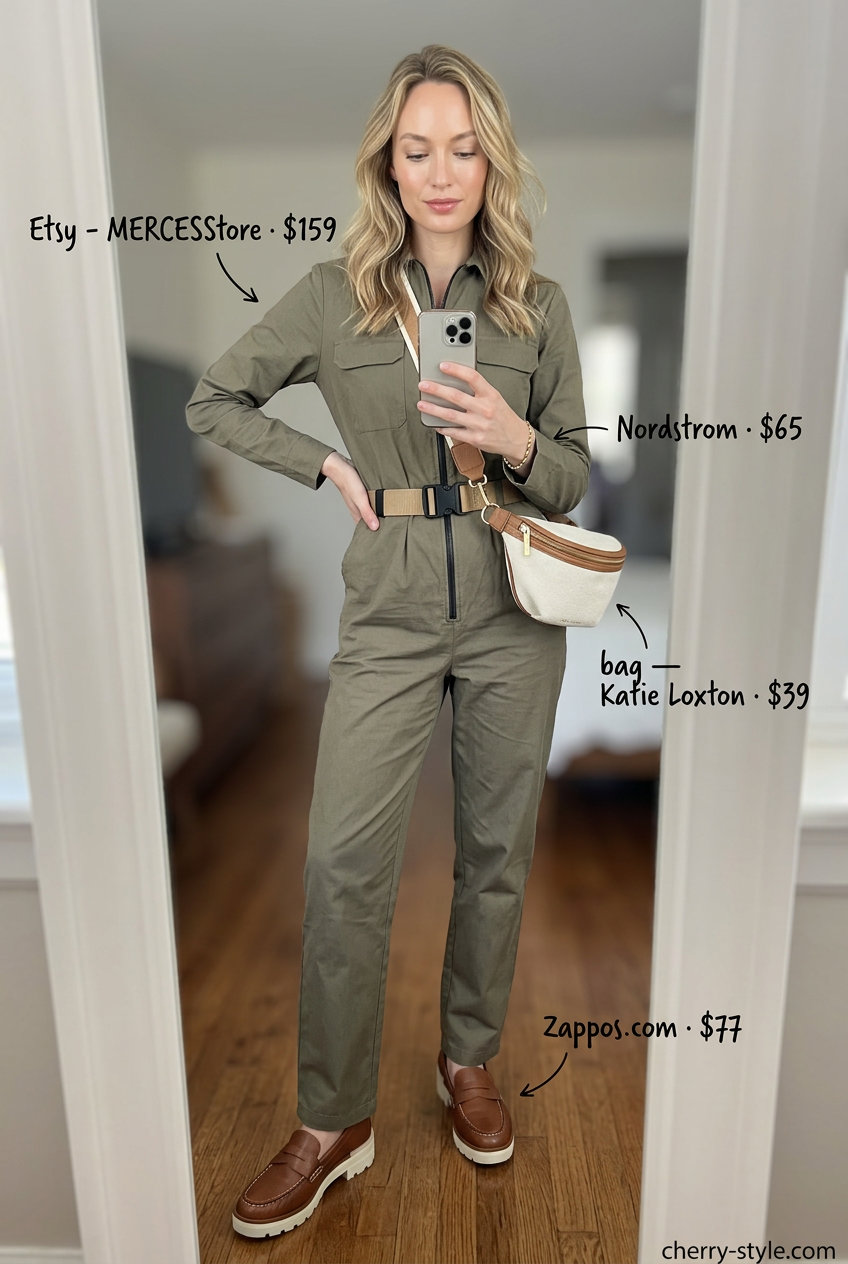 Utility jumpsuit for Summer Work From Home Outfits for Women 2026. Khaki green, loafers, belt bag.