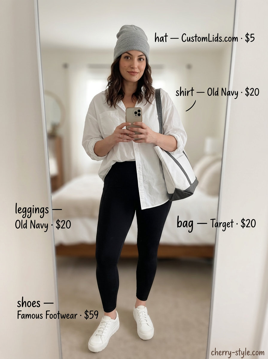 Summer Work From Home Outfits for Women 2026: Black leggings, oversized white shirt, grey beanie, and sneakers for screen time.