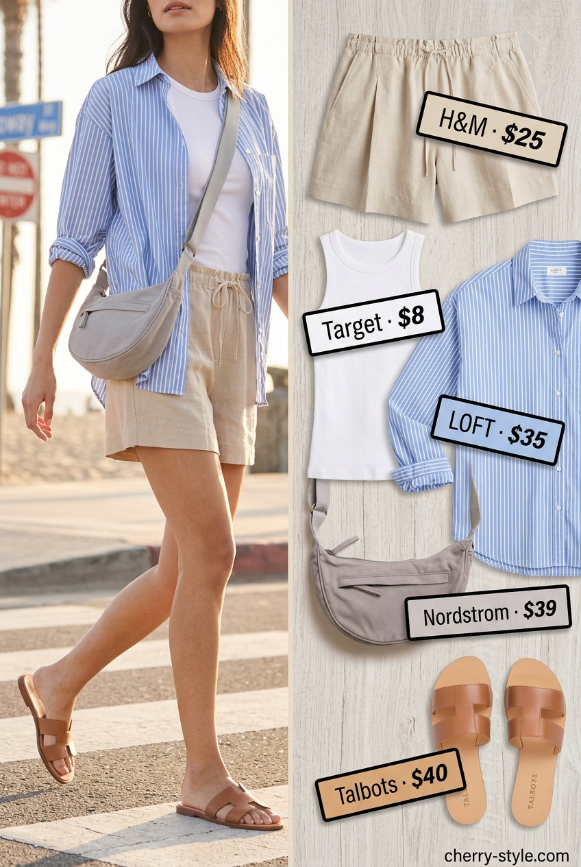 Linen shorts outfit for Summer Work From Home Outfits for Women 2026. Beige shorts, white tank, blue stripe shirt, leather slides.