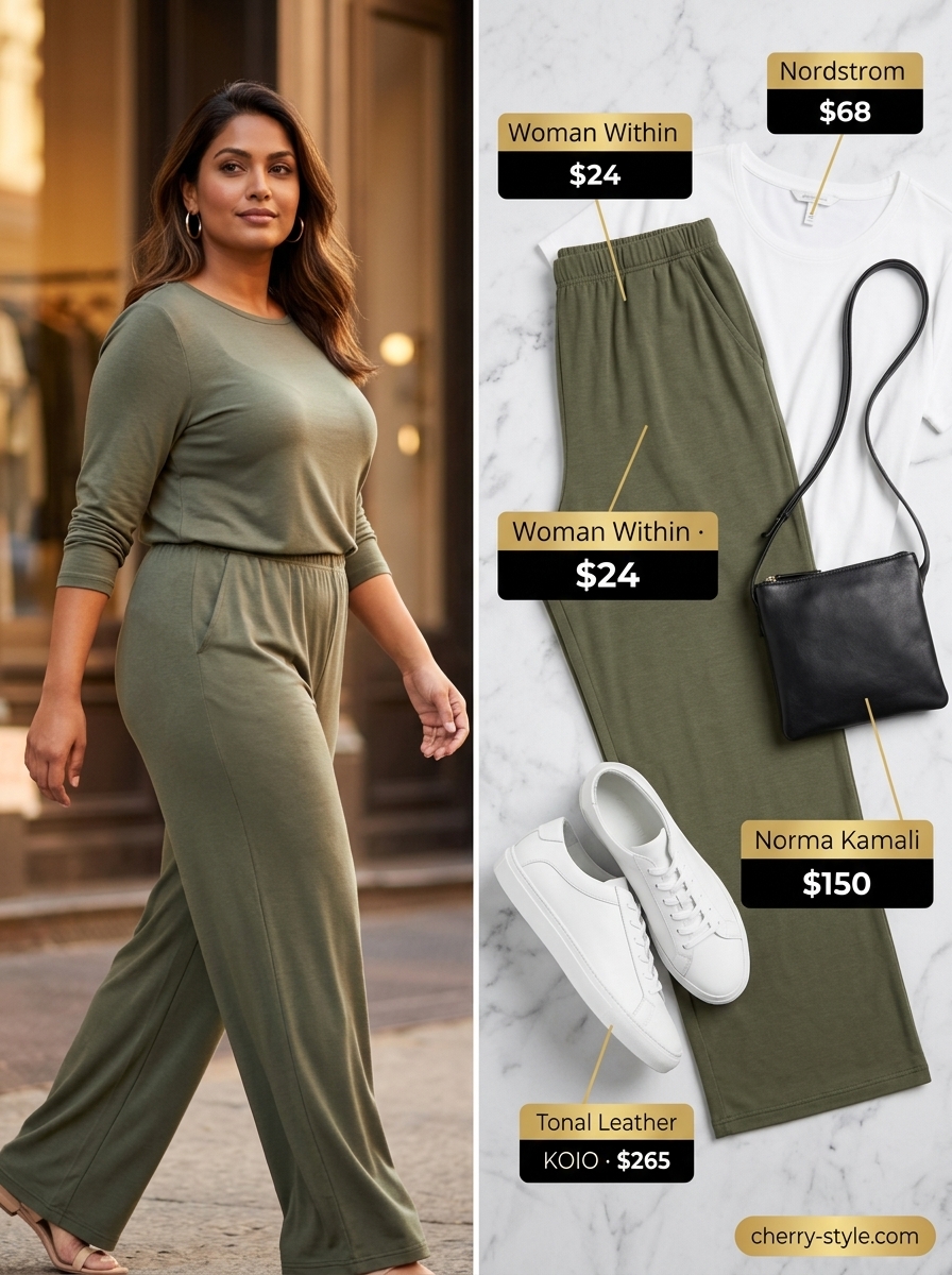 Olive green matching set for Summer Work From Home Outfits for Women 2026. Lounge pants, crewneck top, white sneakers.