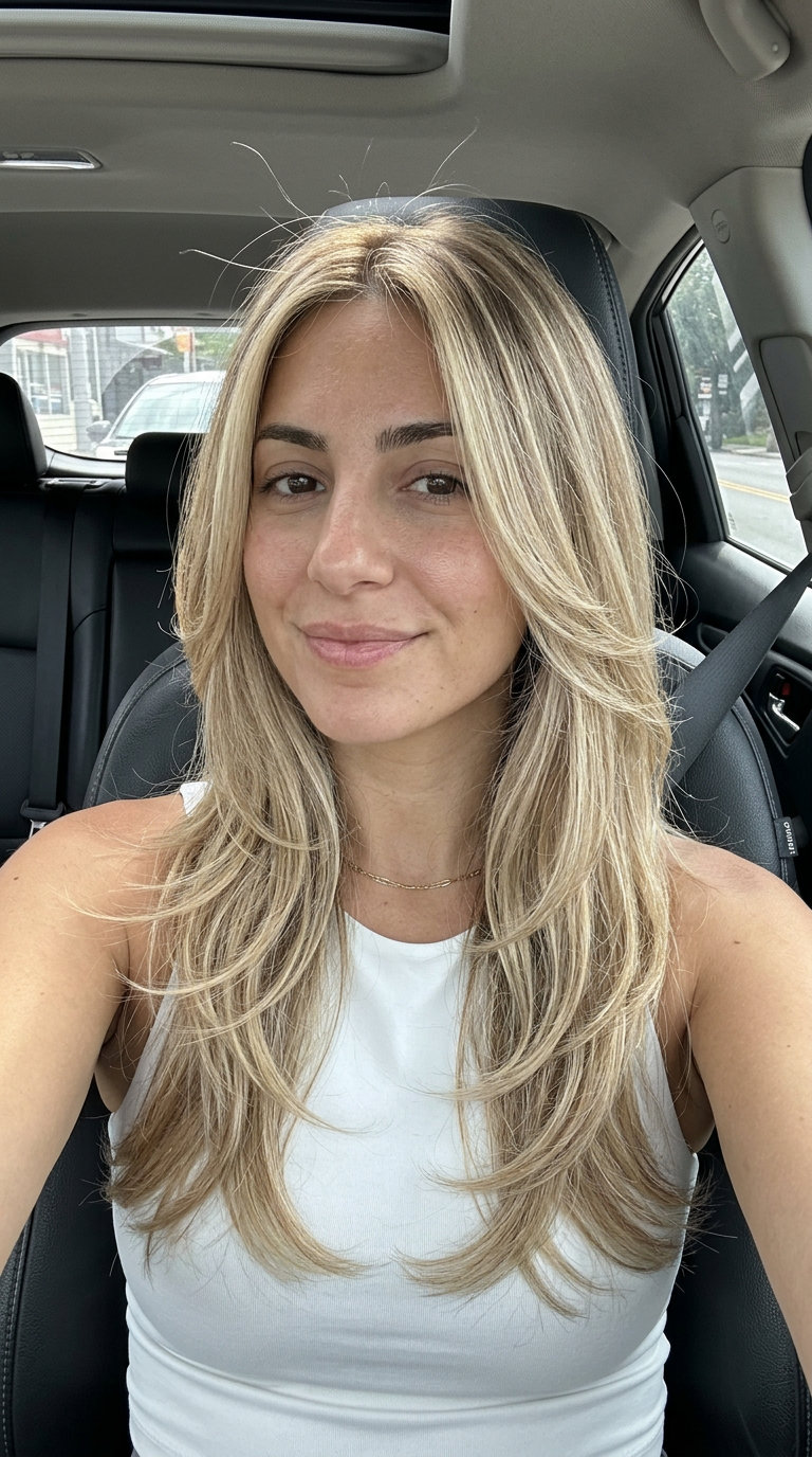 long haircut with sun-kissed blonde, linen blonde, balayage, face-framing layers — romantic wedding guest