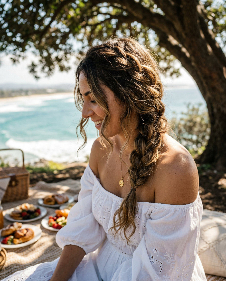 long bohemian French braid with sun-kissed blonde, loose texture, face-framing pieces — effortless weekend look