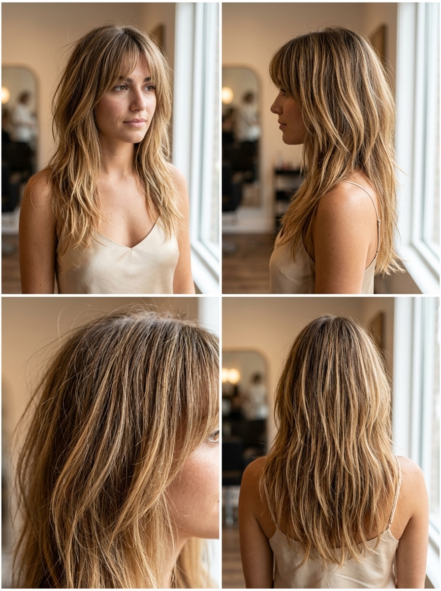 long sun-kissed natural haircut with subtle balayage and curtain bangs for music festival