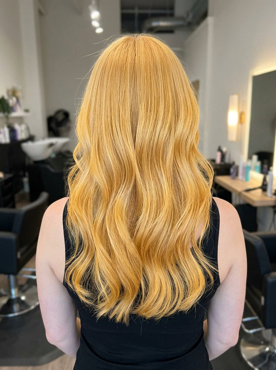 long layered buttery blonde hair with sunflower gold tone, heavy saturation highlights — bold festival
