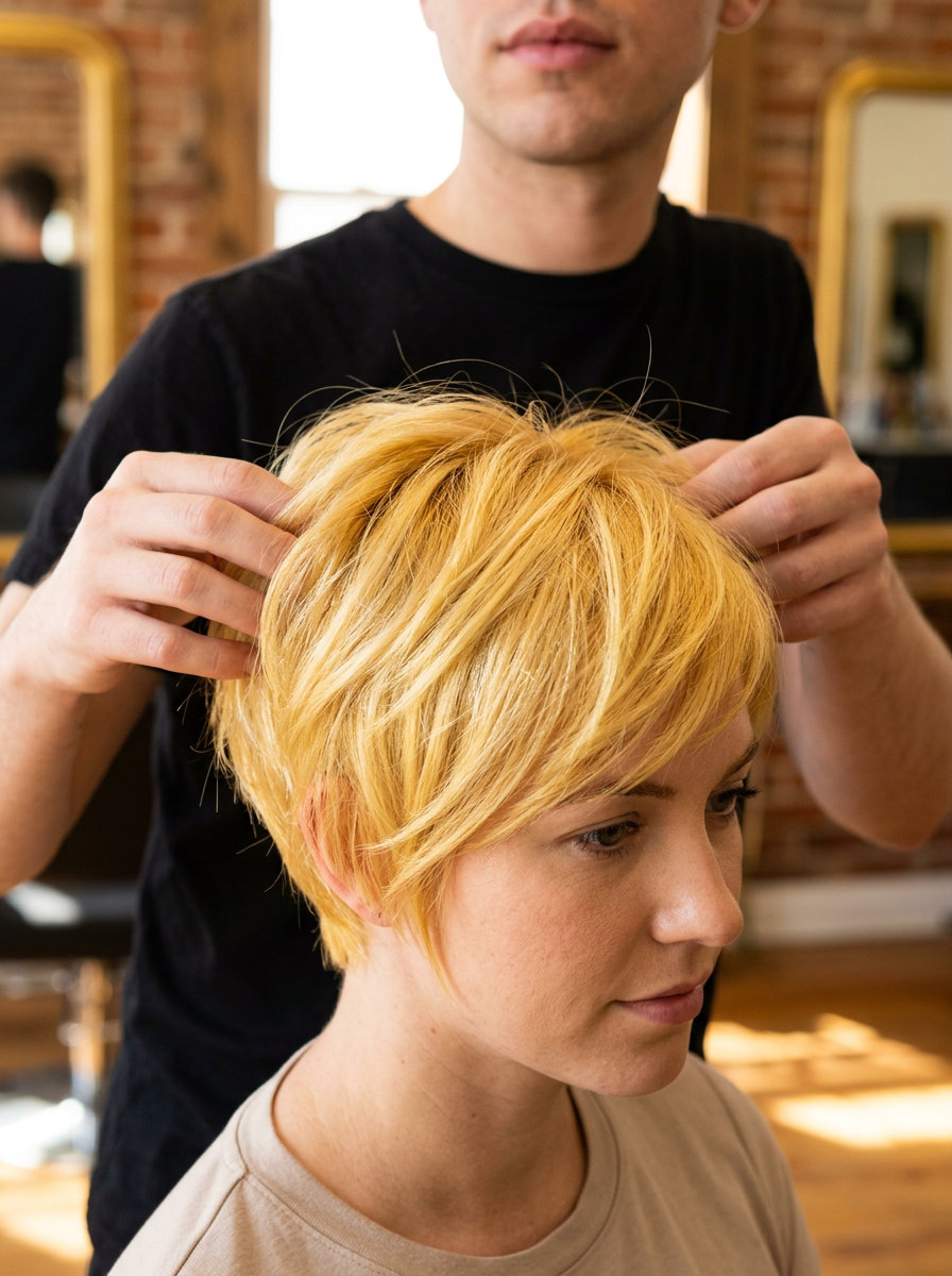 very short textured pixie buttery blonde with golden blonde and sunflower gold tones, global lighten, no fringe — playful energetic outing