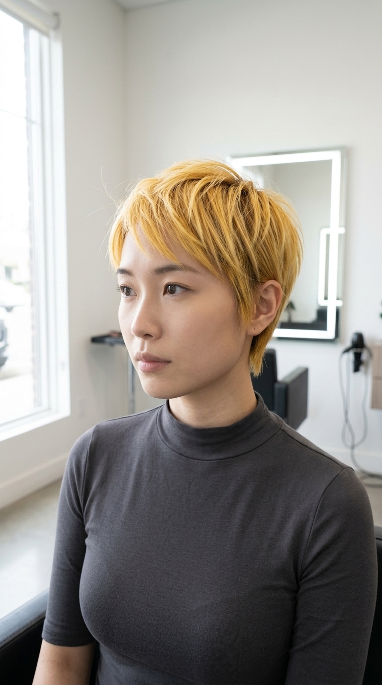 very short pixie buttery blonde hair with sunflower gold tone, all-over highlights — bold edgy