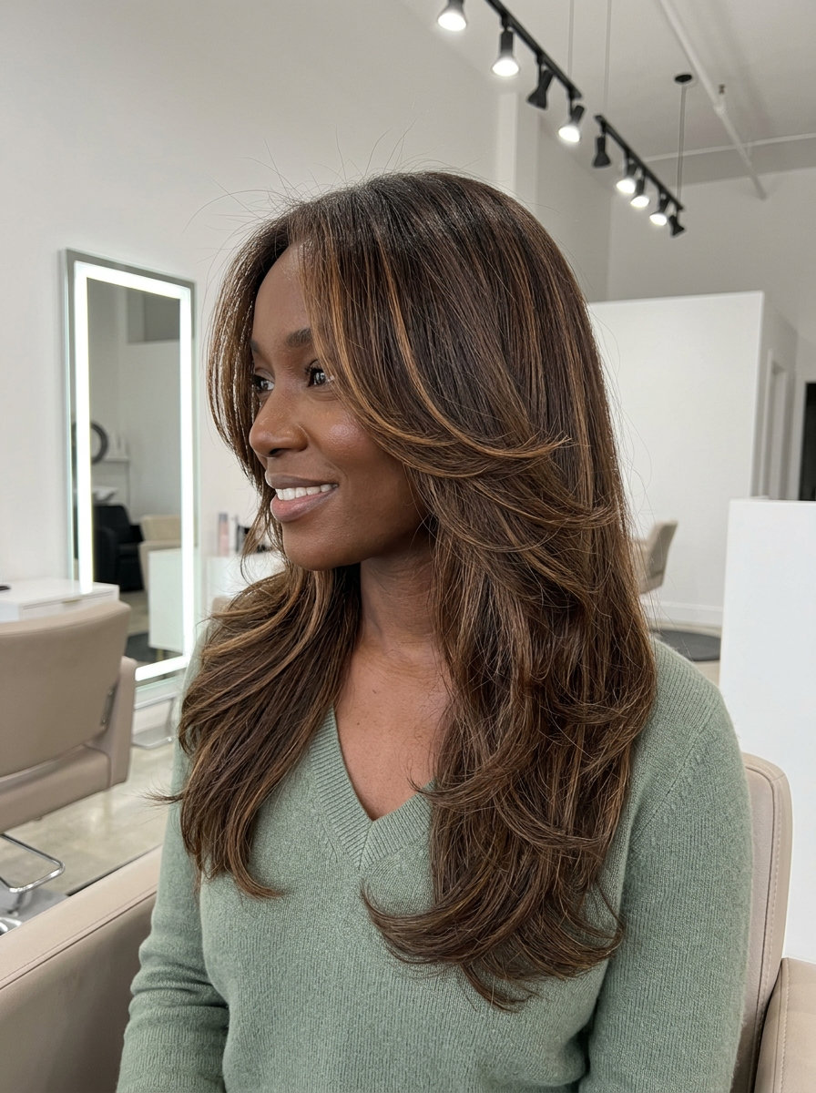 chest-length butterfly haircut in rich syrup brunette with caramel balayage, dramatic face-framing layers, glamorous mood