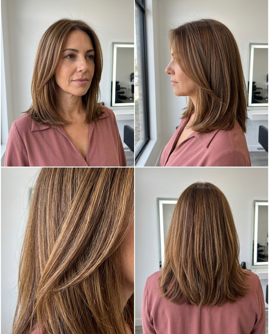collarbone midi-cut with rich syrup brunette, golden undertones, caramel ribbons, internal layering — modern effortless