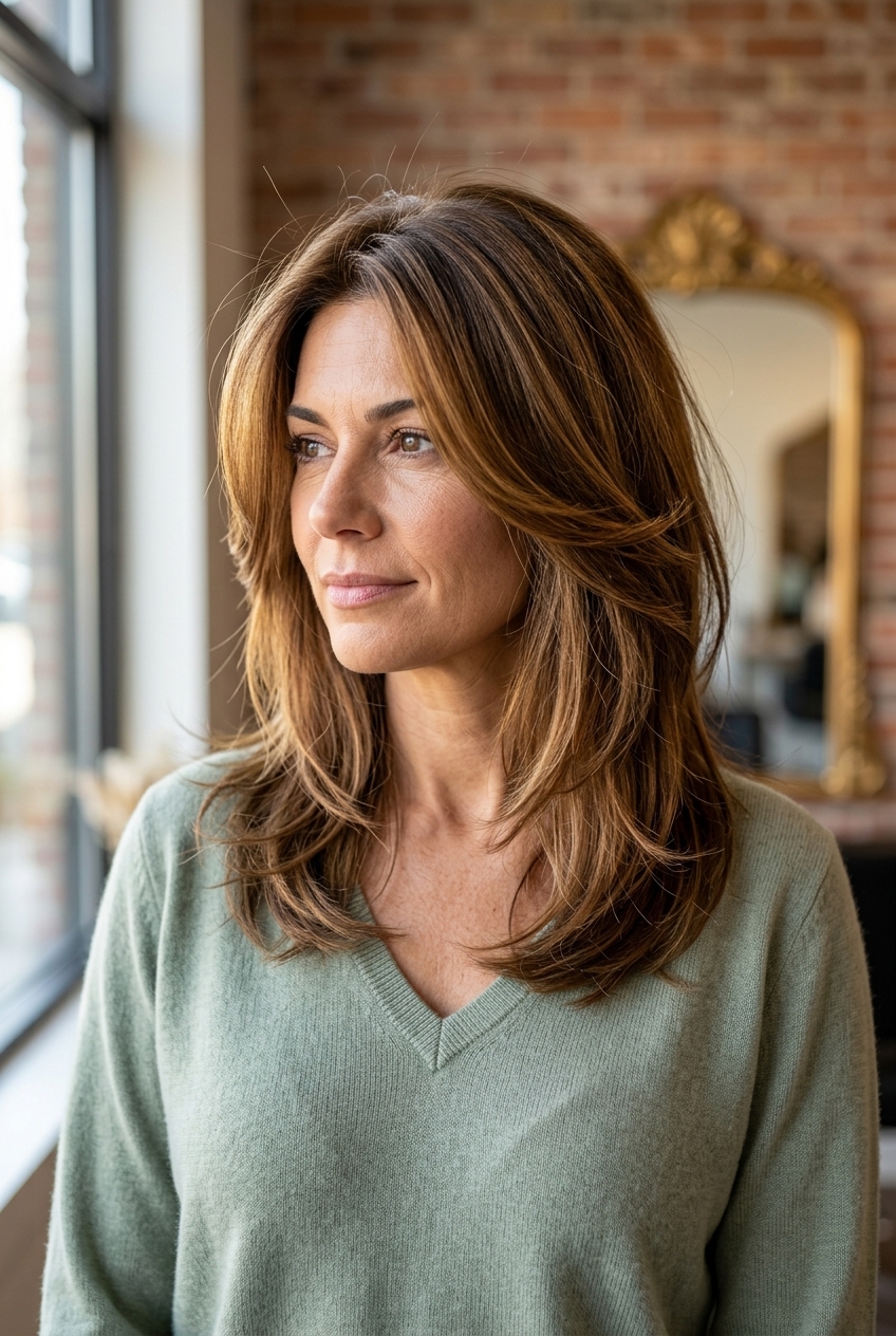collarbone-length warm syrup brunette shag haircut with soft layers, face-framing layers — playful & effortless